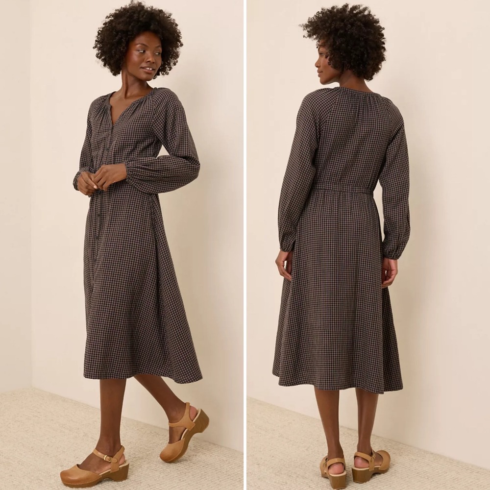 Pact coastal organic cotton gauze Gingham Midi Dress Brown Black Long Sleeve L